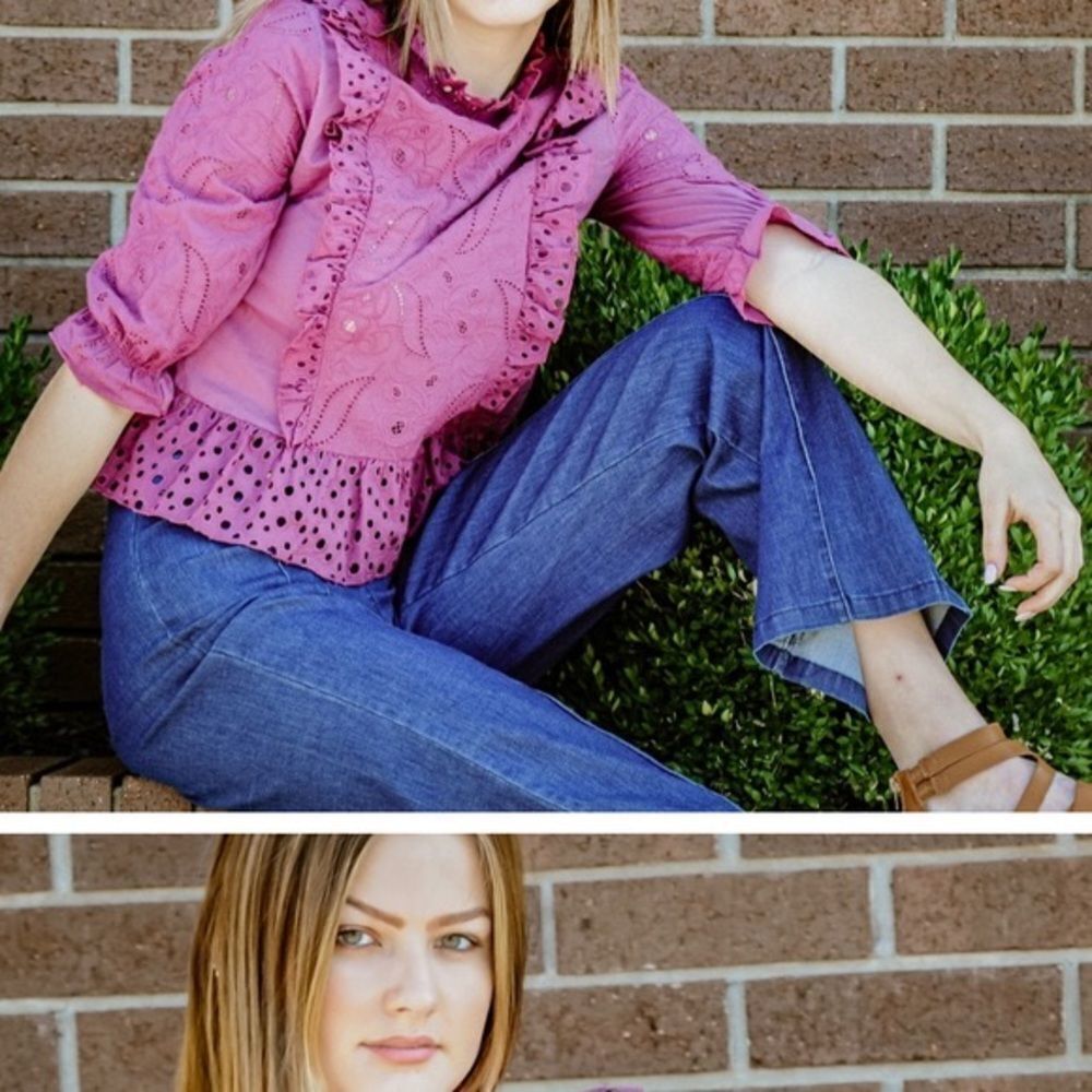 Boutique Purple eyelet top with Quarter length sleeves. 100% cotton.